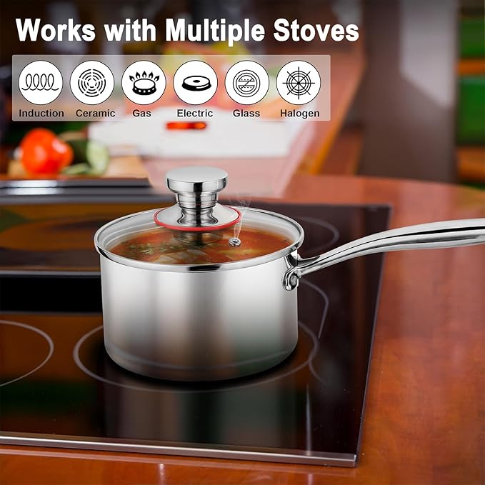 P&P CHEF 2 & 3 Quarts Tri-Ply Stockpot and Saucepan, Stainless Steel Sauce Pan with Lid, Cooking Induction Pot, Kitchen Cookware for All Stoves, Non-Toxic, Durable & Dishwasher Safe, 2 Pieces
