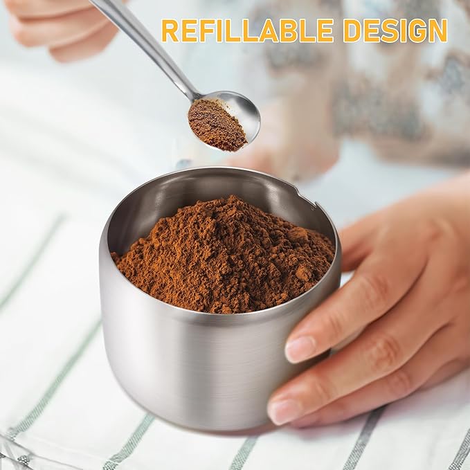 Sugar Container with Glass Lid and Spoon - 10oz Stainless Steel Sugar Bowl for Coffee Bar Station Accessories Kitchen Storage for Salt, Candy, Coffee Bean (Silver)