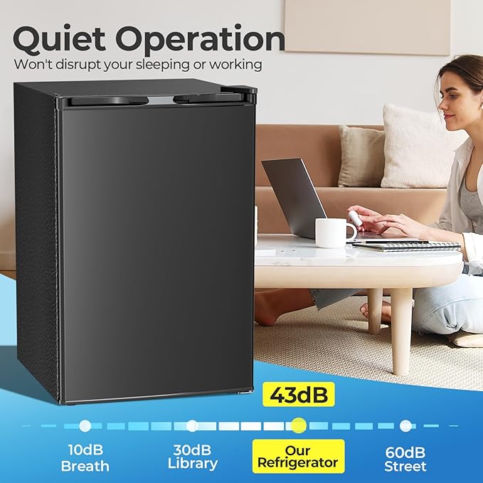 4.5 Cu.ft Mini Fridge with Freezer, Compact Refrigerator with Reversible Single Door, Adjustable Thermostat, Low Noise, Energy Efficient for Office, Dorm, Bedroom, Apartment BLACK