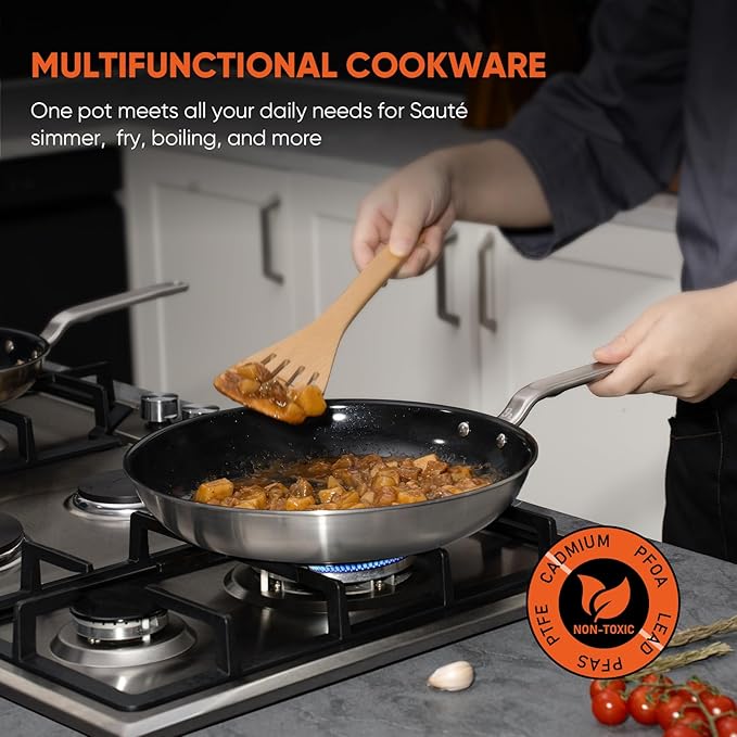 GLOBEHOME 5 Ply Ceramic Non Stick Frying Pans - 12 Inch Stainless Clad Nonstick Skillet, Toxic, PTFE & PFOA FREE, Professional Cookware for Induction, All Stoves and Oven up to 650°F