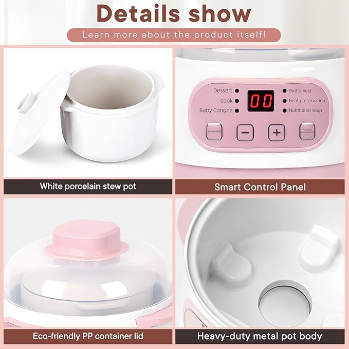 Pink 1L Ceramic Slow Cooker with Steamer Basket, 200W Mini Electric Stew Pot, 24-Hour Delayed Start & Auto Keep-Warm, Household Kitchen Safety Dry-Burn Protection Porridge & Soup Pot