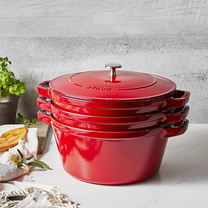 STAUB Cast Iron Set 4-pc, Stackable Space-Saving Cookware Set, Dutch Oven, Skillet, Grill Pan with Universal Lid, Made in France, Cherry