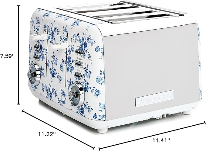 VQ Laura Ashley China Rose Stainless Steel 4 Slice Toaster | Multi-Functional Bagels & Bread Toaster 4 Slice with Adjustable Heating & Defrost Mode | Featuring 4 Wide Slots & Croissant Warming Rack