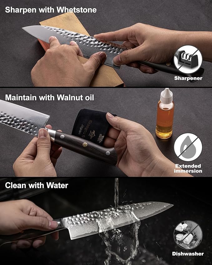 Japanese Kiritsuke Knife Chefs Knife with 67 Layers Damascus Steel AUS-10 Core, Professional Kitchen Knife with Full-Tang Ebony Wood Handle and Premium Gift Box(Hammered Damascus Series)