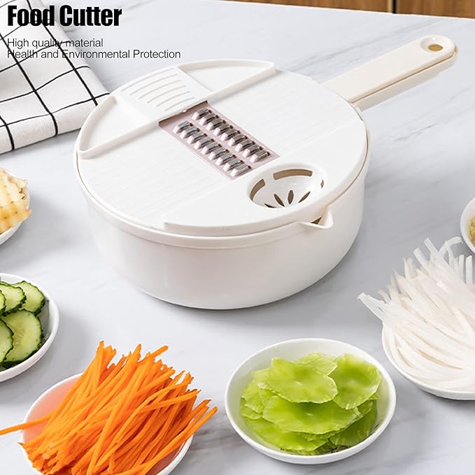Fdit Multi Vegetable Cutter, 12 in 1 Manual Food Chopper with Hand Guard, Stainless Steel Blades, White, Kitchen Slicing Tool