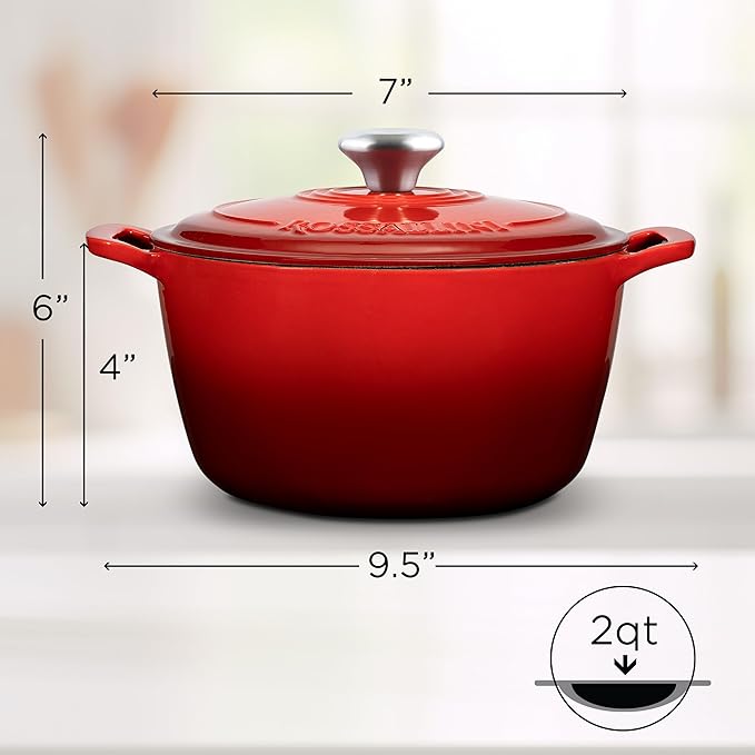 ROSSALLINI Signature Enameled Cast Iron Dutch Oven, Non-Stick Serving Pot with Tight Fitting Lid for Perfect Roasting, Baking, Sauteing, and Bread Making | 2Q (1.9L) - Red