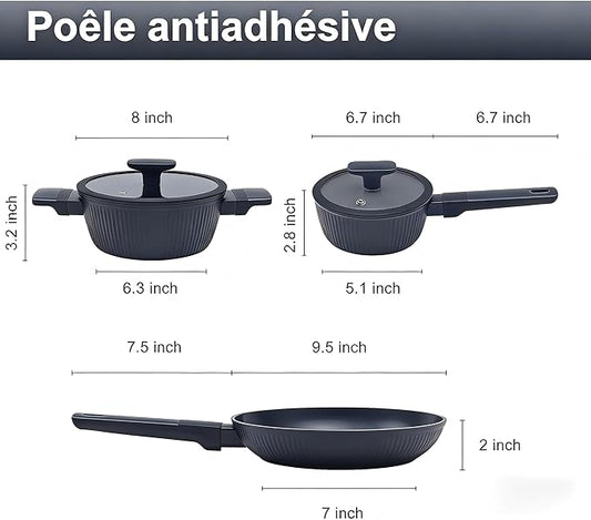 Nonstick Cookware Set Non Toxic, 3-Piece Pots and Pans Set, PFOA/PTFE Free, Induction Ready & Dishwasher Safe, Ceramic Coating for Easy Release