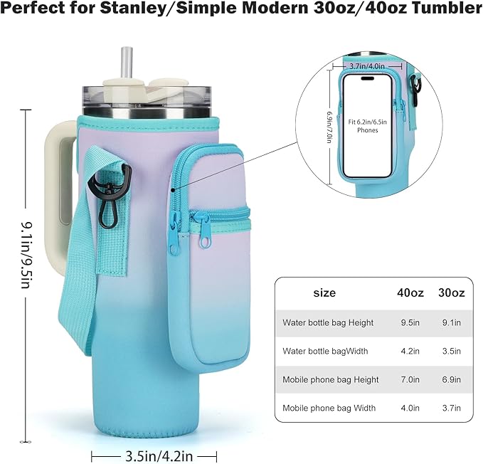 Water Bottle Carrier Bag for Stanley 40/30 oz Tumbler with Phone Pocket Neoprene Water Bottle Holder with Shoulder & Handheld Strap Stanley Cup Accessories