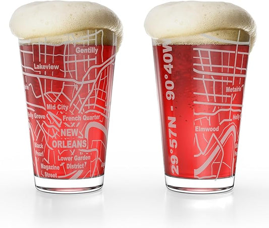 Greenline Goods – New Orleans, LA Map Pint Beer Glasses (Set of 2), 16 oz – Etched Wrap Design