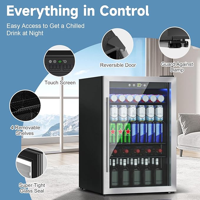 Stopasd Compact Beverage Refrigerator, 4.5 Cu.Ft/145 Can Drink Fridge with Glass Door and Digital Display, Small Drink Fridge with Adjustable Shelves for Soda, Compact Fridge for Bar Office