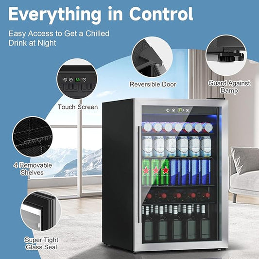 Stopasd Compact Beverage Refrigerator, 4.5 Cu.Ft/145 Can Drink Fridge with Glass Door and Digital Display, Small Drink Fridge with Adjustable Shelves for Soda, Compact Fridge for Bar Office
