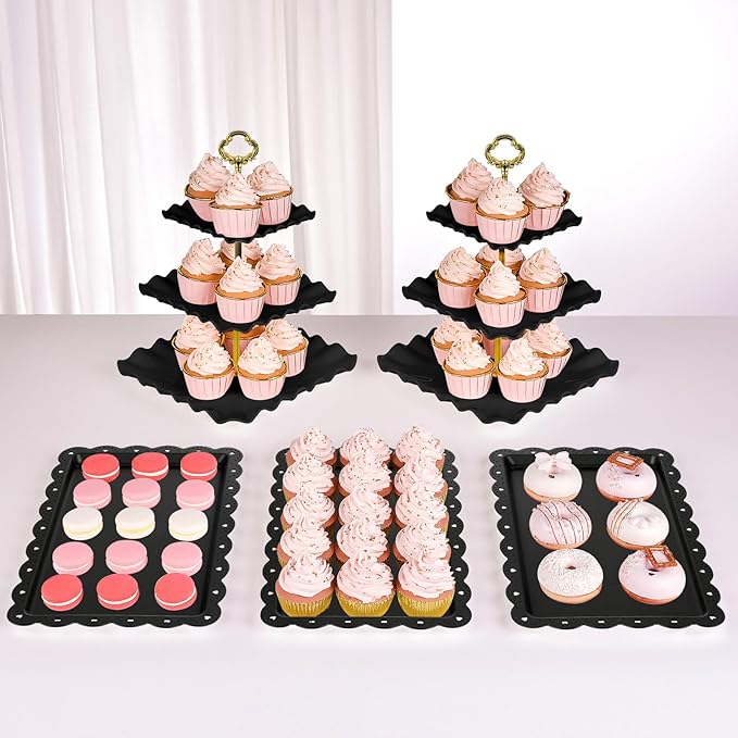 NWK 5 Piece Cake Stand Set with 2 x Large 3-Tier Cupcake Stands, 3 x Appetizer Trays, for Wedding Birthday Baby Shower Tea Party Decorations (Black)