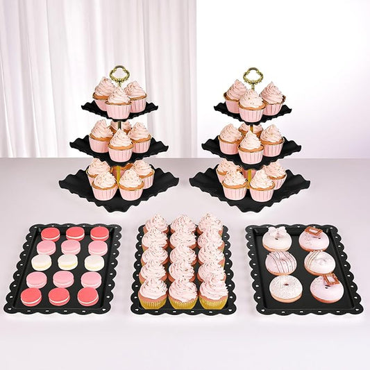 NWK 5 Piece Cake Stand Set with 2 x Large 3-Tier Cupcake Stands, 3 x Appetizer Trays, for Wedding Birthday Baby Shower Tea Party Decorations (Black)