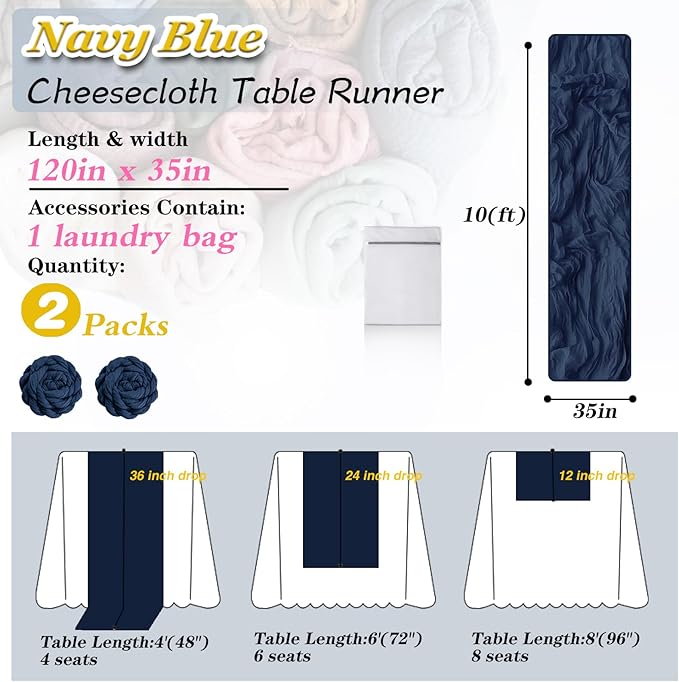 Navy Blue Cheesecloth Table Runner 2 Pack 35" Boho Gauze Table Runner 120 inches Long Runner Rustic Sheer Fabric Bulk for Baby Shower Wedding Bridal Birthday Party Table Decorations