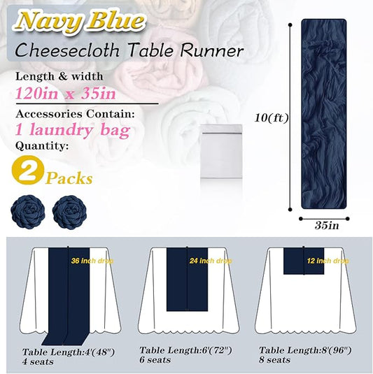 Navy Blue Cheesecloth Table Runner 2 Pack 35" Boho Gauze Table Runner 120 inches Long Runner Rustic Sheer Fabric Bulk for Baby Shower Wedding Bridal Birthday Party Table Decorations