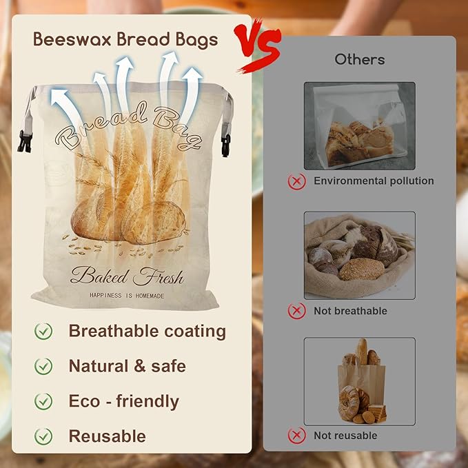 Beeswax Bread Bags for Sourdough, 2 Pack Reusable Bread Bag for Storage XL 17x13 Inch, Large Linen Bags for Homemade Sourdough - Keep Fresh, Freezer Safe