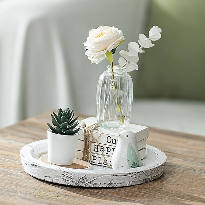 Hanobe Candle Plate Holder Tray: Round Wooden Decorative Candle Plate Small Farmhouse Table Centerpiece Rustic White Wood Tealight Pillar Trays for Home Decor