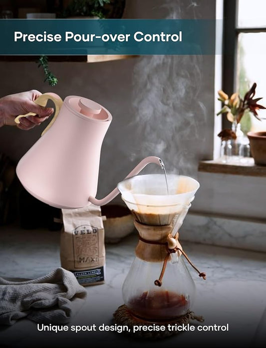INTASTING Gooseneck Electric Kettle with ±1℉ Temperature Control for Pour Over Coffee & Tea, Quick Heating, BPA-Free Stainless Steel, Built-in Brew Timer, 1500W/0.9L (Petal Pink)