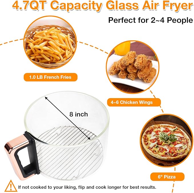 GYMODE 4.7QT Glass Air Fryer, 360° Viewable Glass Air Fryer Non Toxic, 6-IN-1 Preset Cook Modes, Digital Display, Adjustable Temp 100F - 400F, Nonstick, Dishwasher Safe, White
