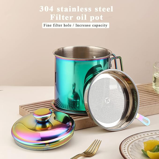 Berglander Rainbow Bacon Grease Container With Strainer 47oz, Titanium Colorful Plating Stainless Steel Oil Storage Container with Fine Mesh Strainer Dust-proof for Storing Frying Oil, Cooking Fat