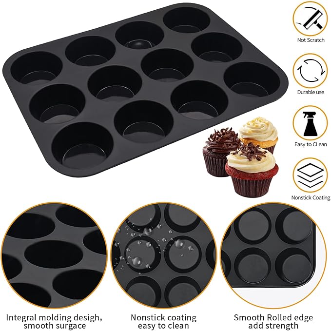 Bongpuda Silicone Muffin Pan Set,2 Pcs 2.8" 12 Cups Egg Bite Mold,Non-Stick,Easy Release,For Egg Muffins, Cupcakes, Large Muffins,Pizza Muffins,Cheesecakes(Black + Red)