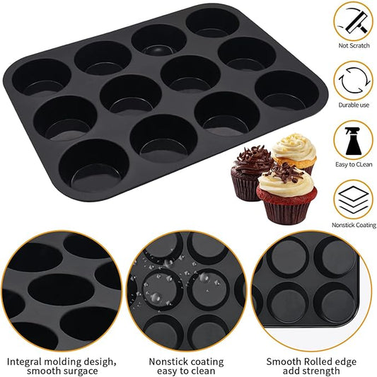 Bongpuda Silicone Muffin Pan Set,2 Pcs 2.8" 12 Cups Egg Bite Mold,Non-Stick,Easy Release,For Egg Muffins, Cupcakes, Large Muffins,Pizza Muffins,Cheesecakes(Black + Red)