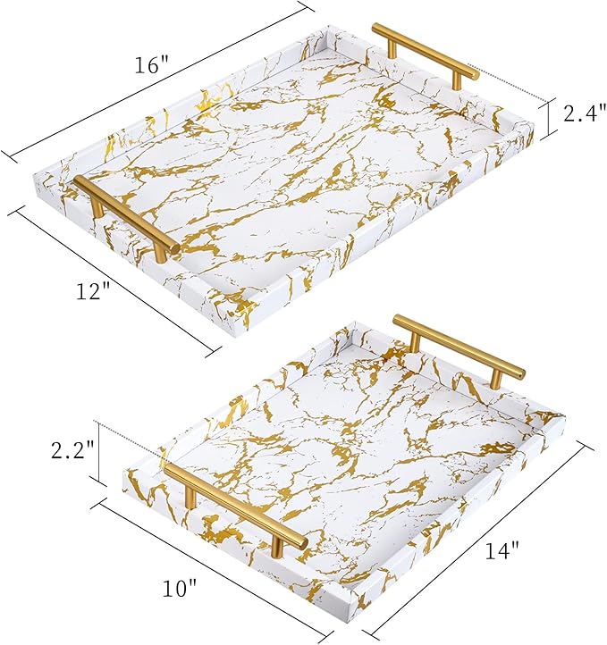 Modern Decorative Tray Set of 2 - White and Gold Marble Wood Serving Tray with Gold Polished Metal Handles for Ottoman, Coffee Table, Bathroom and More