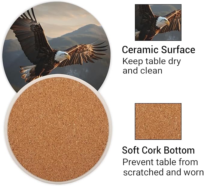 Round Coasters Set of 2, Soaring Eagle Absorbent Ceramic Coaster with Cork Base, Bar Coasters for Drinks Coffee Mugs Tea Cups Wine Glasses Home Decor Gifts (4 inches)