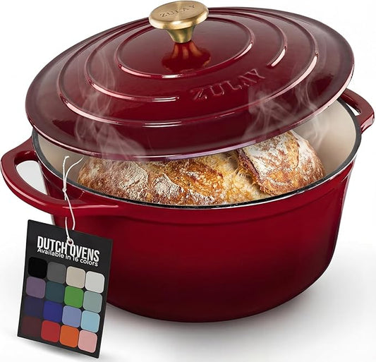 Zulay Kitchen 6 Quart Enameled Cast Iron Dutch Oven Pot with Lid – Premium Durability & Oven Safe up to 500°F – Heavy Duty Cookware Perfect for Bread Baking, Stews, Braising & Roasting – Garnet