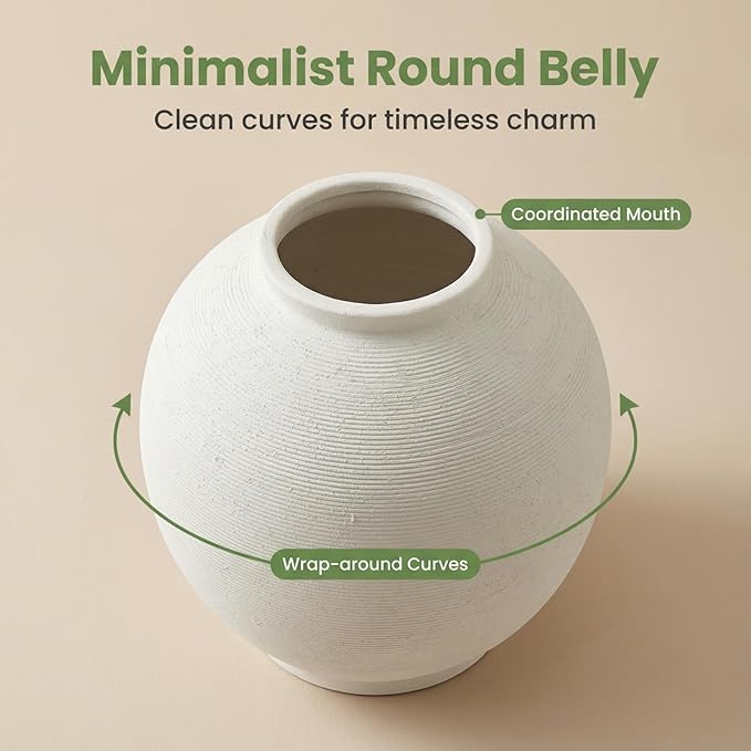 Large White Ceramic Flower Vase Home Decor, Round Rustic Table Vases Farmhouse Living Room Entrway Kitchen Bedroom Decorations，Minimalist Hand-Made Textured Vase (10.8” Sandstone White)