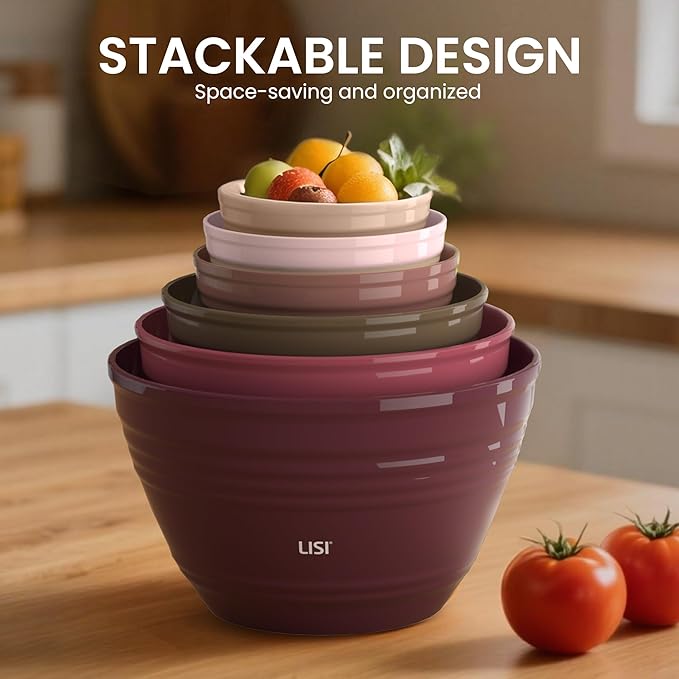 LISI 6 Pack Mixing Bowl Set with Lids, Plastic Bowls for Kitchen, Nesting Salad & Meal Prep Bowls, BPA-Free, Large Storage Bowl with Airtight Lids
