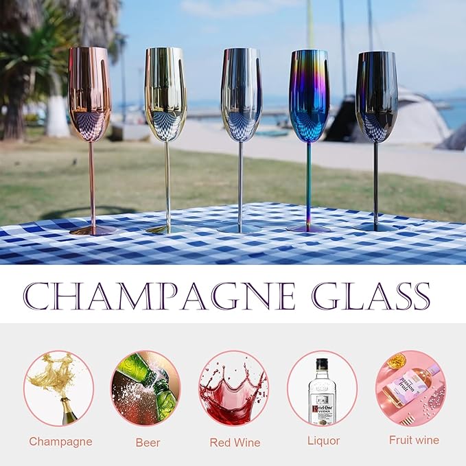 Stainless Steel Champagne Flutes Set of 4-Wedding &Birthday Gifts,8.5 Oz Unbreakable Champagne Glass with Long Stem,Reusable Indoor Outdoor Drinkware (Silver)