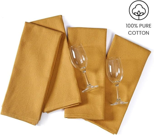 Waffle Kitchen Towels 100% Cotton Set of 4-320 GSM Quality - Soft Absorbent Durable Washable Dish Cleaning Towel for Kitchen & Home - Quick Drying Dish Towel 16x26 inch Mustard Yellow