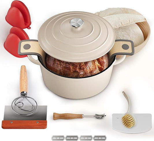 Cast Iron Dutch Oven for Bread Baking, With Banneton Bread Proofing Basket & Sourdough Baking Supplies, 5QT Multi-Functional Enameled Dutch Oven Pot with Lid, Cast Iron Bread Pan, White