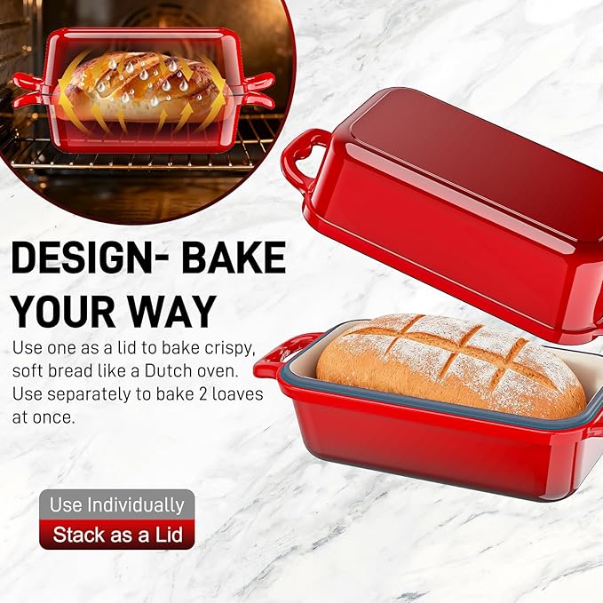 DYCYRQ Enameled Cast Iron Dutch Oven for Sourdough Bread Baking, 9 x 5Inch Oval Cast Iron Bread Pan with Lid, 2PCS Dutch Oven for Homemade Sourdough Baking, Meatloaf Pan, Oven Safe, Red