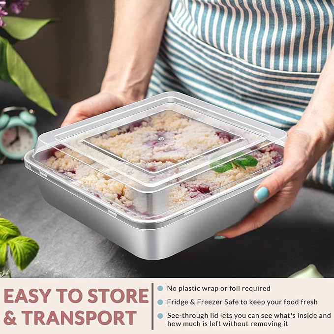 E-far 6/8/9-Inch Square Cake Pan with lid Set, Square Baking Brownie Pans Stainless Steel Bakeware Set of 3, Non-toxic & Healthy, Easy Clean & Dishwasher Safe - 6 Pieces(3 Pans + 3 Covers)