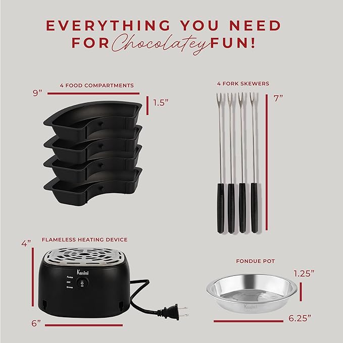 Kusini 2 in 1 Electric Fondue Set & Smores Maker Tabletop Indoor Kit with Removable Trays & 4 Skewers – Smores Station Chocolate Melting Pot - Unique Couple Gift Set Idea, Date & Movie Night Supplies