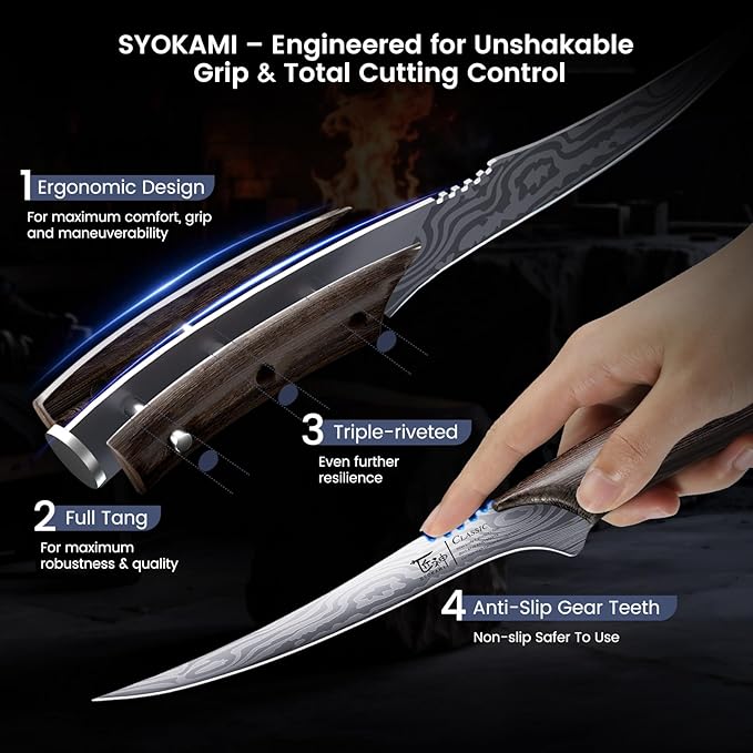 Fillet Knife, Razor Sharp 7.2 Inch Boning Knife, High Carbon Stainless Steel Filet Knives with High Flexibility, Wooden Handle, Full Tang Damascus Pattern Fishing Knives, Christmas Gift