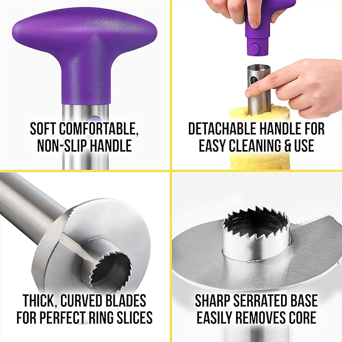 Zulay Kitchen Stainless Steel Pineapple Corer & Slicer + Eye Removal Tool – Heavy Duty Pineapple Cutter with Reinforced Blade – Effortless Pineapple Core Remover & Slicer - Purple