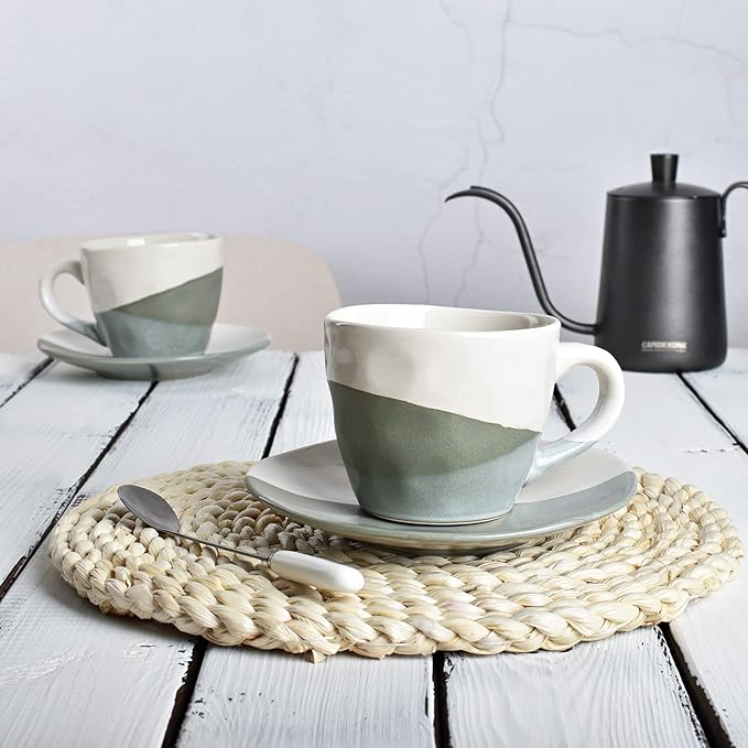 Bosmarlin Stoneware Coffee Cup Mug with Saucer Set of 2 for Latte, Cappuccino, Tea, Oz, Dishwasher and Microwave Safe (Geometric Green, 2)