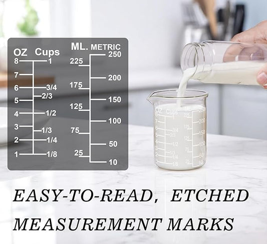 Ackers Etched Graduated Glass Measuring Cup - V-Shaped Spout- High Borosilicate Glass Measuring Cup for Kitchen or Dining, Easy to Read, 250ml (8oz, 1 Cup)