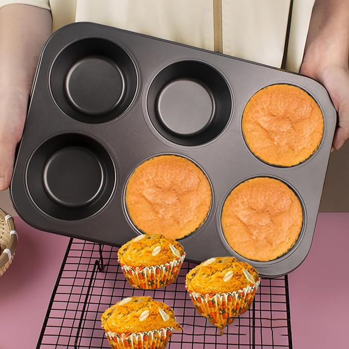 2 Packs 6-Cup Muffin Baking Pan Tin, Small Round Muffin Tin, Nonstick Cupcake Pans, Cheesecake Pans, Carbon Steel, Black