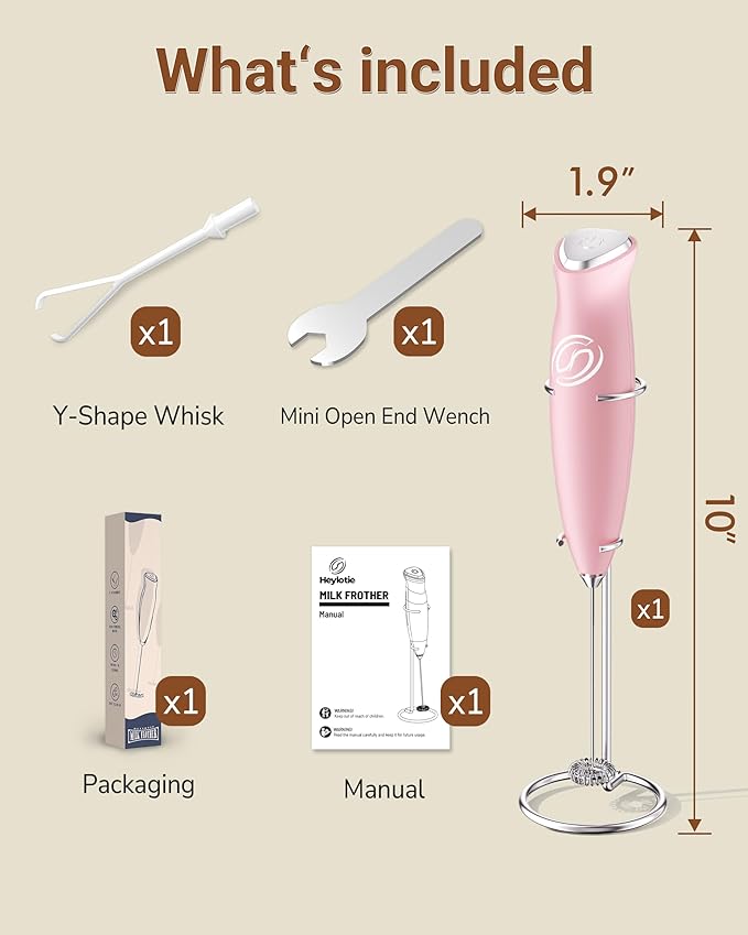 HeyLotie Milk Frother With Stand Handheld Frother Wand Drink Mixer Handheld Coffee Stirrers Electric Frother for Coffee Mixer Wand with 2 Whisk frother for protein powder-Pink