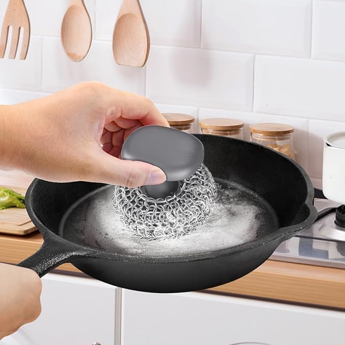 Purgreat Cast Iron Scrubber | Dish Scrub Brush | 316 Cleaner Chainmail Scrubber for Cast Iron Pan Skillet Cleaner - Dish Scouring Pad Dishwasher Safe Cleaning Kit, Grey 02