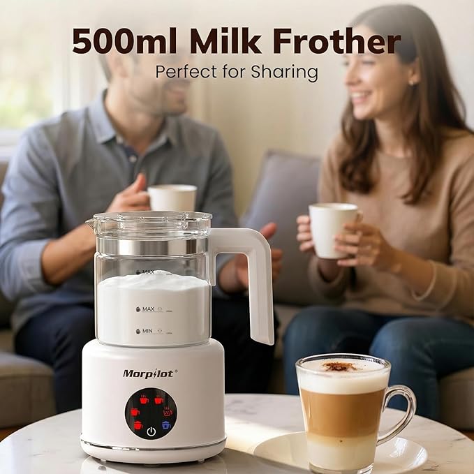 Large Electric Milk Frother and Steamer, 16.9oz/500ml Milk Steamer and Frother for Latte or Hot Chocolate, Dishwasher Safe, 6 Functions, Enjoy Perfect Milk Froth in 2 Min (White-Glass)