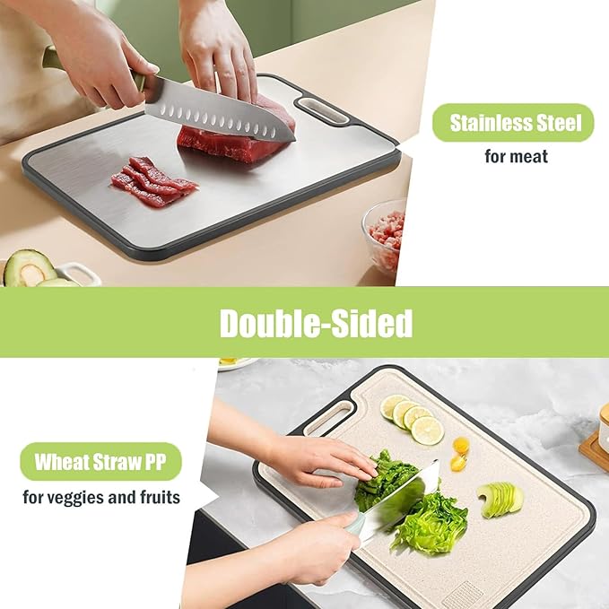 Wekayli Stainless Steel Cutting Boards for Kitchen, Non Toxic 2-in-1 Cutting Board Double Sided, Food Grade Chopping Boards for Fresh Meat Vegetable, Easy to Clean,15”×10
