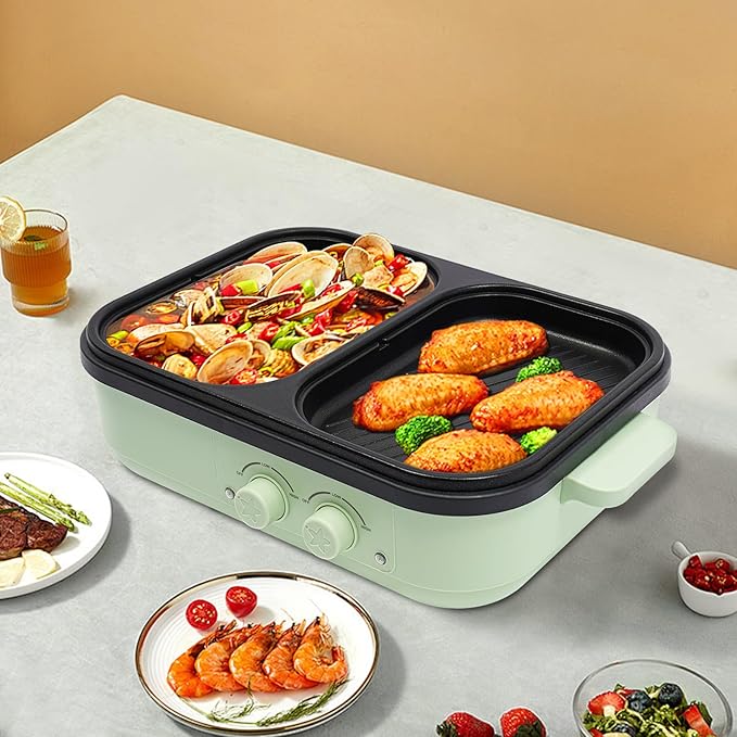 Hot Pot with Grill, 2 in 1 Indoor Non-Stick Electric Hot Pot and Frying Pan, Dual Temper Control, Fast Heating for BBQ Steaks, Portable Multifunctional BBQ Grill for Outdoor Party (B-Green)