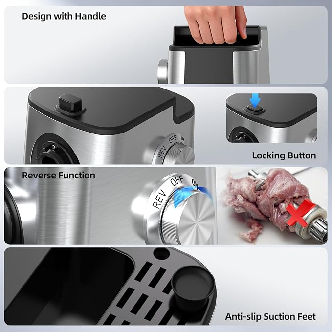 FIMEI Meat Grinder, Stainless Steel Food Processor & Sausage Stuffer, 4-in-1 Heavy Duty Meat Mincer with 2 Blades, 3 Plates, Kibbe Kit And Cookie Maker, for Home Kitchen & Ground Beef
