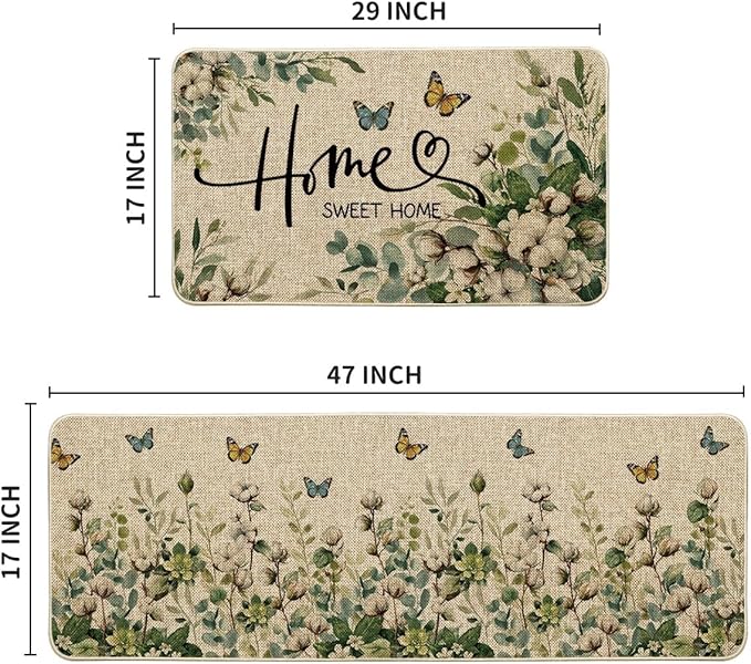 Artoid Mode Cotton Plant Leaf Butterfly Home Spring Kitchen Mats Set of 2, Home Decor Low-Profile Kitchen Rugs for Floor - 17x29 and 17x47 Inch