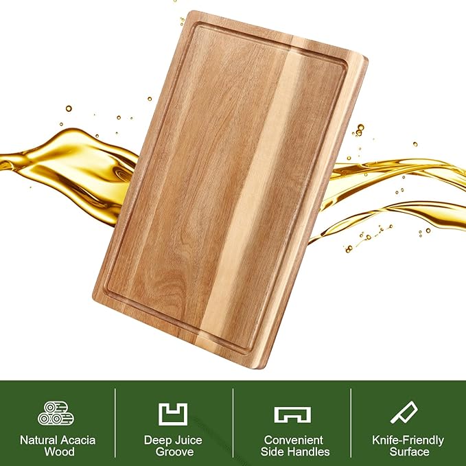 Acacia Wood Cutting Board with Handles & Juice Groove - Large Thick Butcher Block for Meat, Turkey, BBQ, Serving and Kitchen Countertop 18"*12 Inche